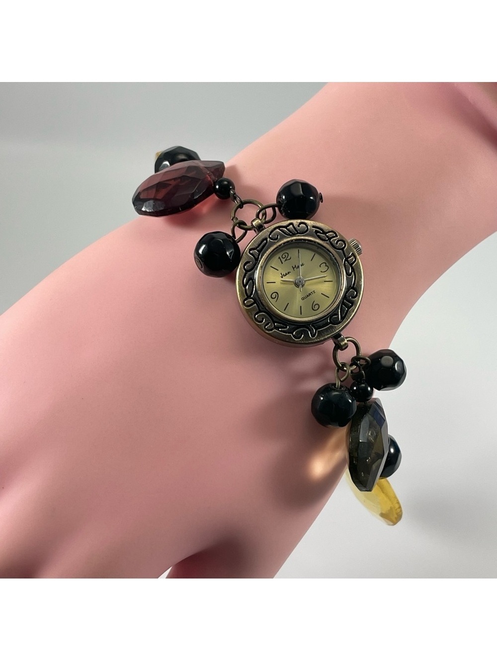 NEW BATTERY Jean Marc Gemstone Bracelet Watch Gold Tone Statement Adjustable